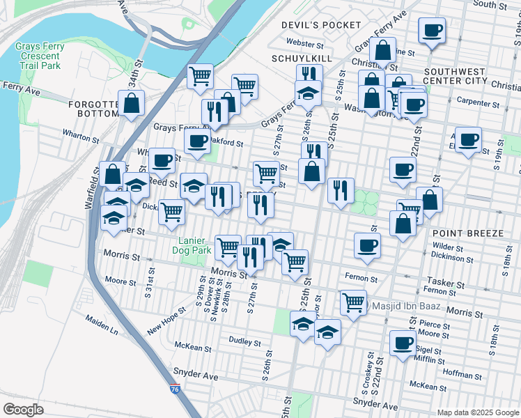 map of restaurants, bars, coffee shops, grocery stores, and more near 1421 South Etting Street in Philadelphia