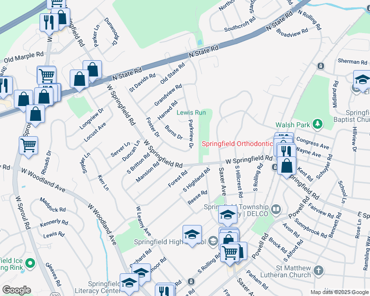 map of restaurants, bars, coffee shops, grocery stores, and more near 407 Foster Drive in Springfield