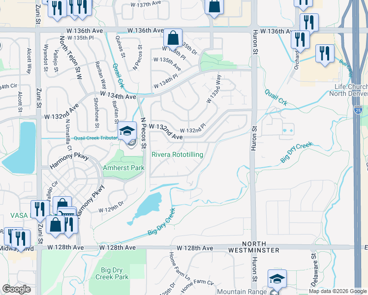 map of restaurants, bars, coffee shops, grocery stores, and more near 316 Mariposa Street in Westminster