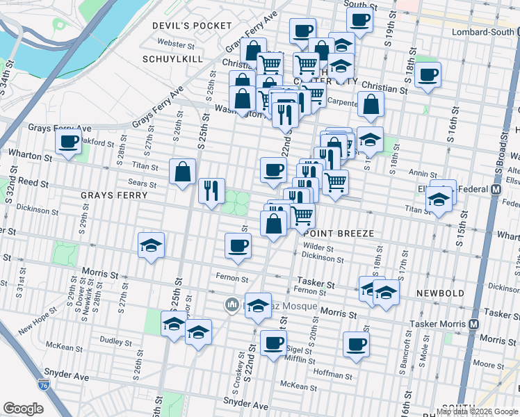 map of restaurants, bars, coffee shops, grocery stores, and more near 2233 Wharton Street in Philadelphia