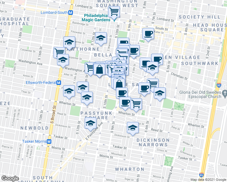 map of restaurants, bars, coffee shops, grocery stores, and more near 920 Ellsworth Street in Philadelphia