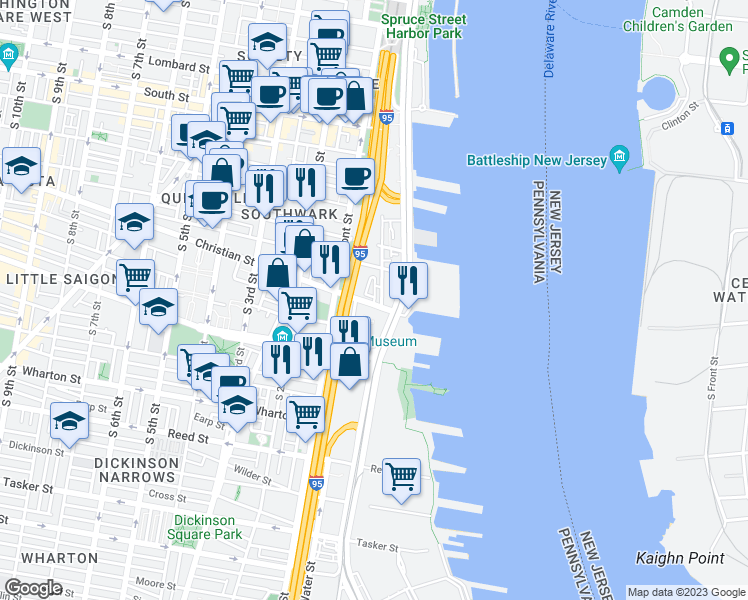 map of restaurants, bars, coffee shops, grocery stores, and more near 3 Christian Street in Philadelphia