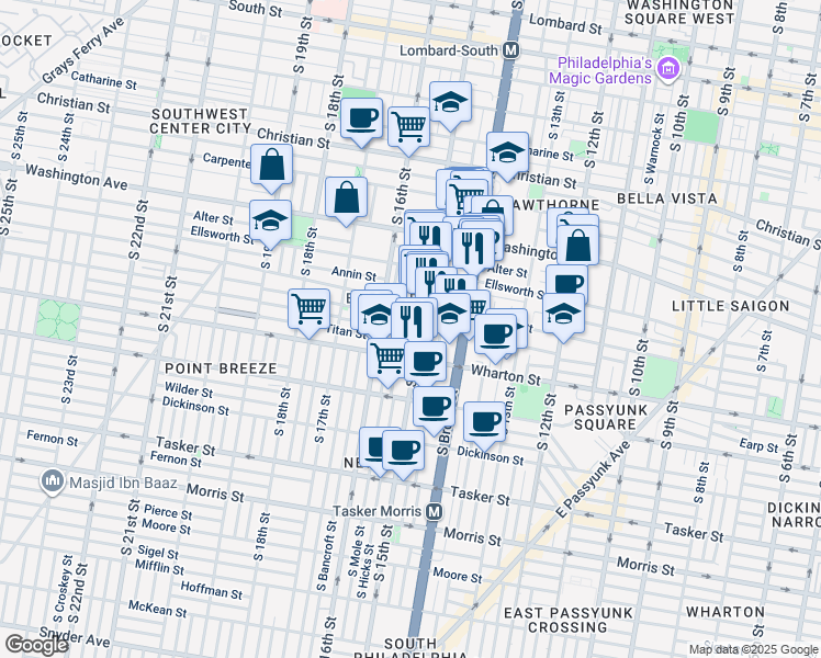 map of restaurants, bars, coffee shops, grocery stores, and more near 1503 Latona Street in Philadelphia