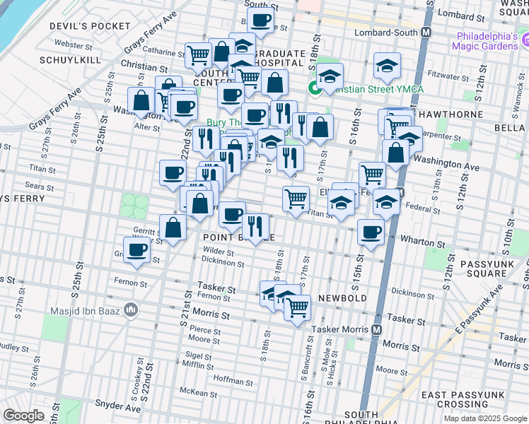 map of restaurants, bars, coffee shops, grocery stores, and more near 1257 South 19th Street in Philadelphia