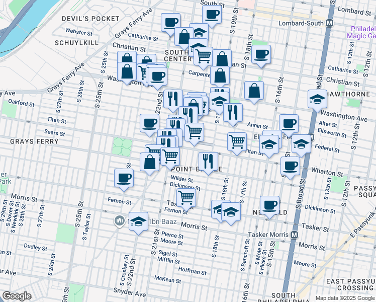 map of restaurants, bars, coffee shops, grocery stores, and more near 1300 South Woodstock Street in Philadelphia
