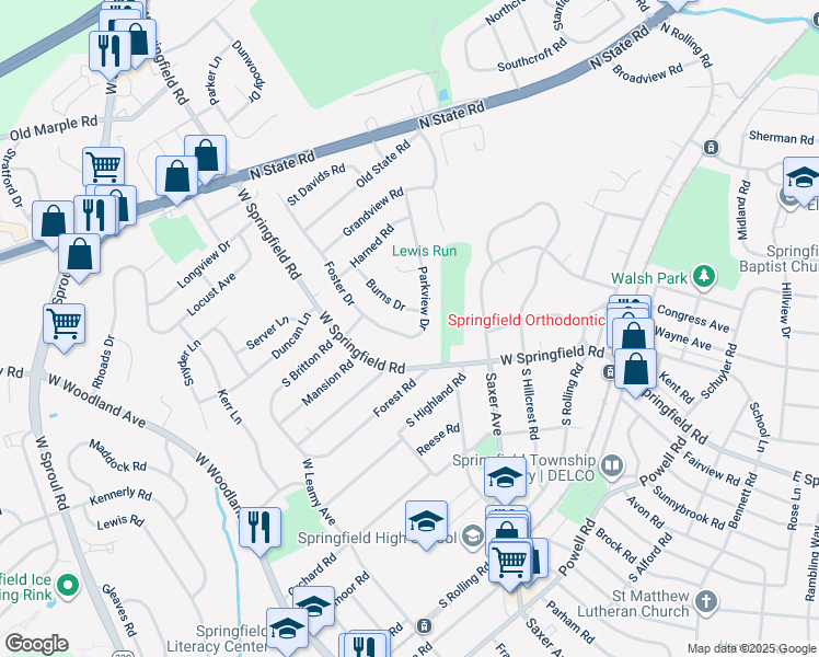 map of restaurants, bars, coffee shops, grocery stores, and more near 407 Foster Drive in Springfield