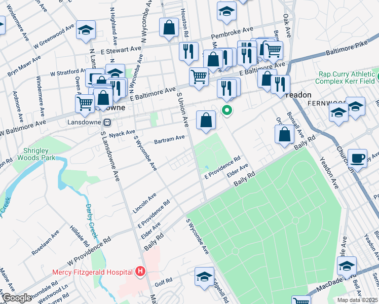 map of restaurants, bars, coffee shops, grocery stores, and more near 192 Fairview Avenue in Yeadon