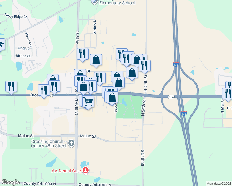 map of restaurants, bars, coffee shops, grocery stores, and more near North 52nd Street in Quincy
