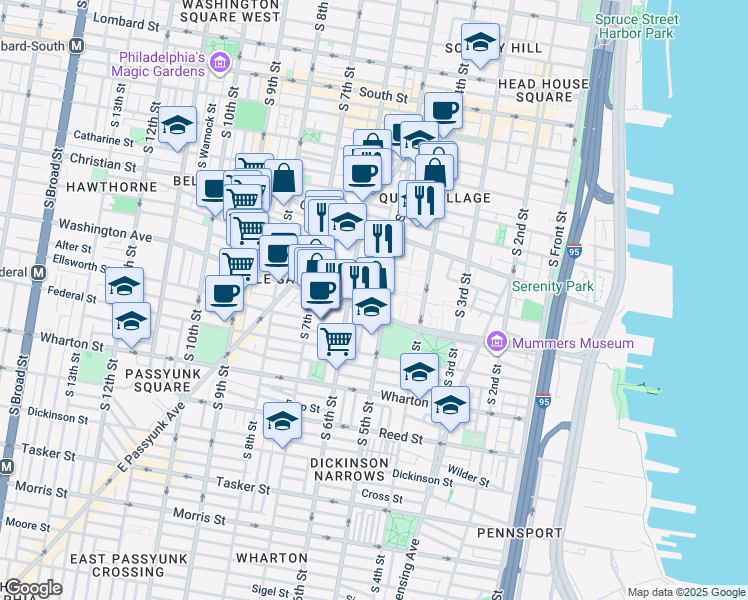 map of restaurants, bars, coffee shops, grocery stores, and more near 1034 South Reese Street in Philadelphia
