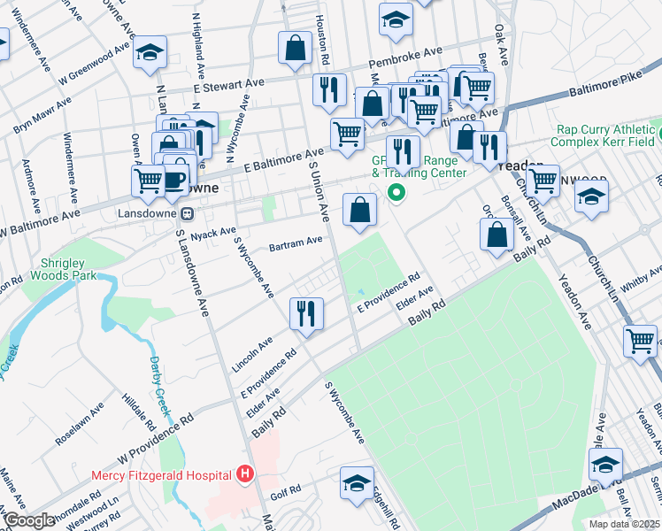 map of restaurants, bars, coffee shops, grocery stores, and more near 192 Fairview Avenue in Yeadon