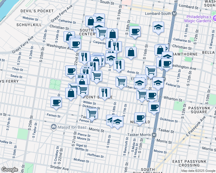 map of restaurants, bars, coffee shops, grocery stores, and more near 1257 South 19th Street in Philadelphia