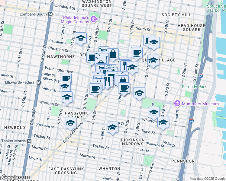 map of restaurants, bars, coffee shops, grocery stores, and more near 1117 East Passyunk Avenue in Philadelphia