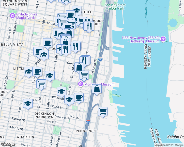 map of restaurants, bars, coffee shops, grocery stores, and more near 831 South Howard Street in Philadelphia