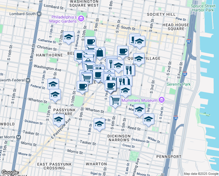 map of restaurants, bars, coffee shops, grocery stores, and more near 951 East Passyunk Avenue in Philadelphia