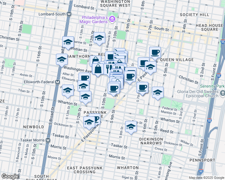 map of restaurants, bars, coffee shops, grocery stores, and more near 929 Washington Avenue in Philadelphia