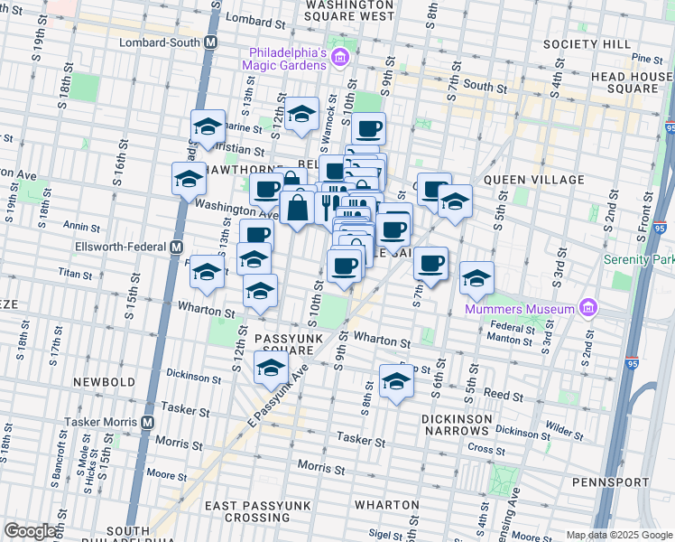 map of restaurants, bars, coffee shops, grocery stores, and more near 929 Washington Avenue in Philadelphia