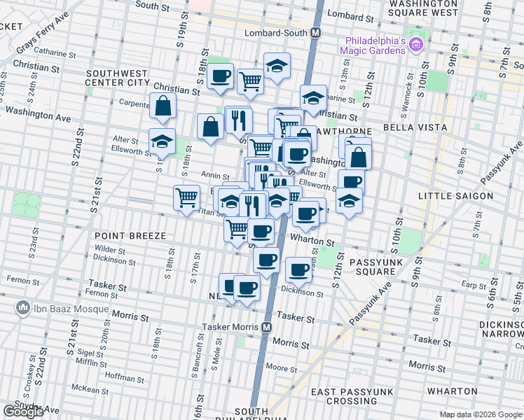 map of restaurants, bars, coffee shops, grocery stores, and more near 1510 Federal Street in Philadelphia