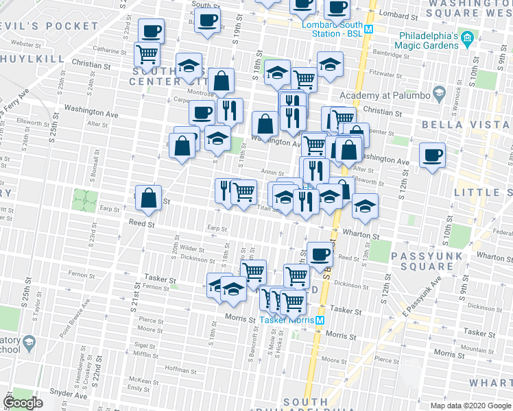 map of restaurants, bars, coffee shops, grocery stores, and more near 1708 Manton Street in Philadelphia