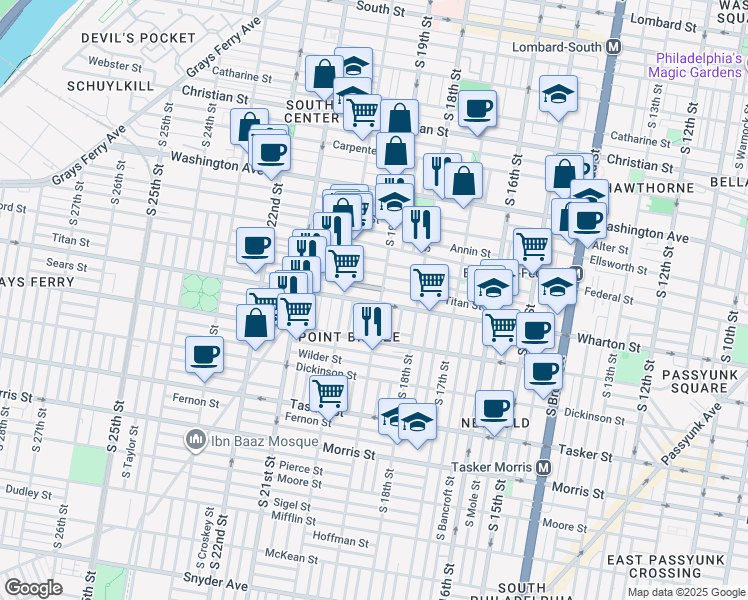 map of restaurants, bars, coffee shops, grocery stores, and more near 1234 South 19th Street in Philadelphia