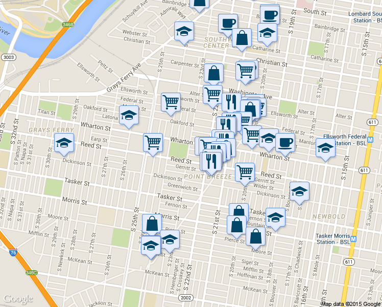 map of restaurants, bars, coffee shops, grocery stores, and more near 2233 Wharton Street in Philadelphia