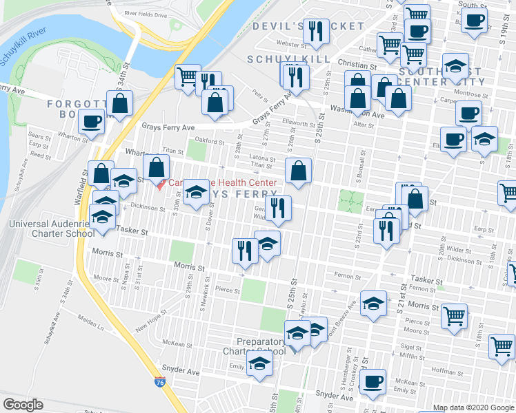 map of restaurants, bars, coffee shops, grocery stores, and more near in Philadelphia