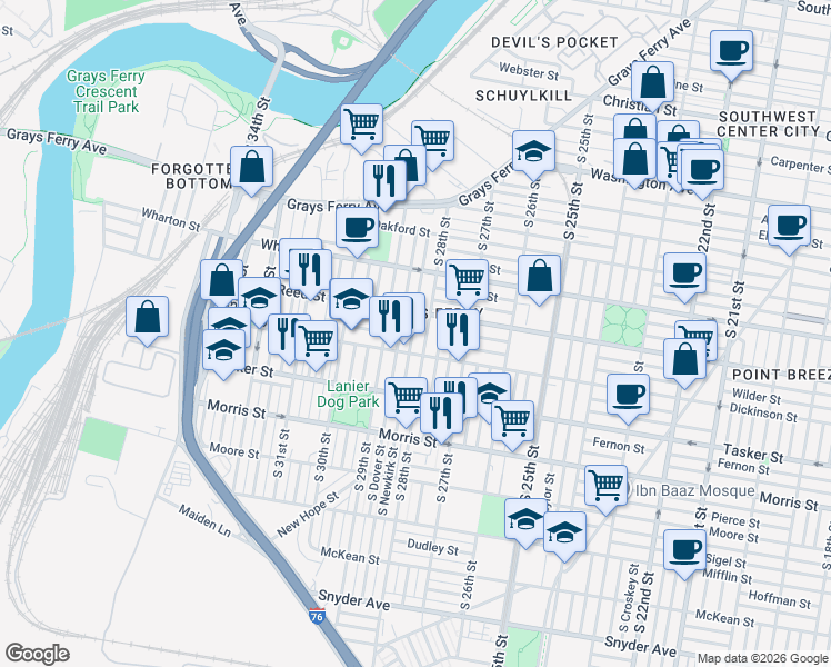 map of restaurants, bars, coffee shops, grocery stores, and more near 1400 South Dover Street in Philadelphia