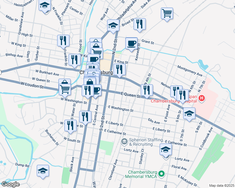 map of restaurants, bars, coffee shops, grocery stores, and more near 285 East Queen Street in Chambersburg