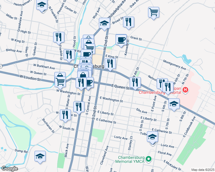 map of restaurants, bars, coffee shops, grocery stores, and more near 285 East Queen Street in Chambersburg
