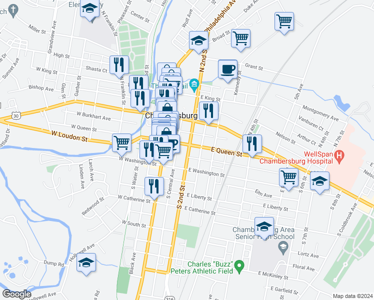 map of restaurants, bars, coffee shops, grocery stores, and more near 74 South 2nd Street in Chambersburg