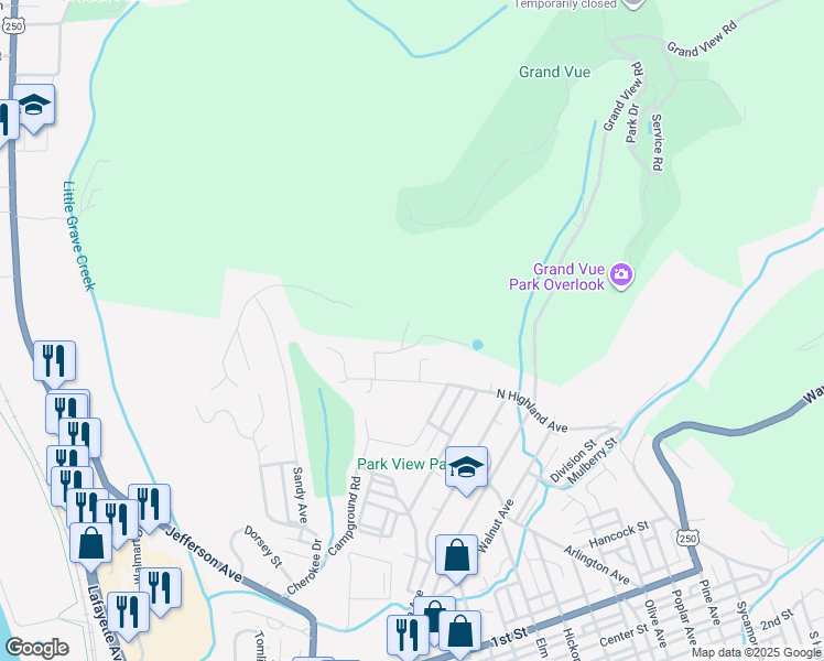 map of restaurants, bars, coffee shops, grocery stores, and more near 76 North Highland Avenue in Moundsville
