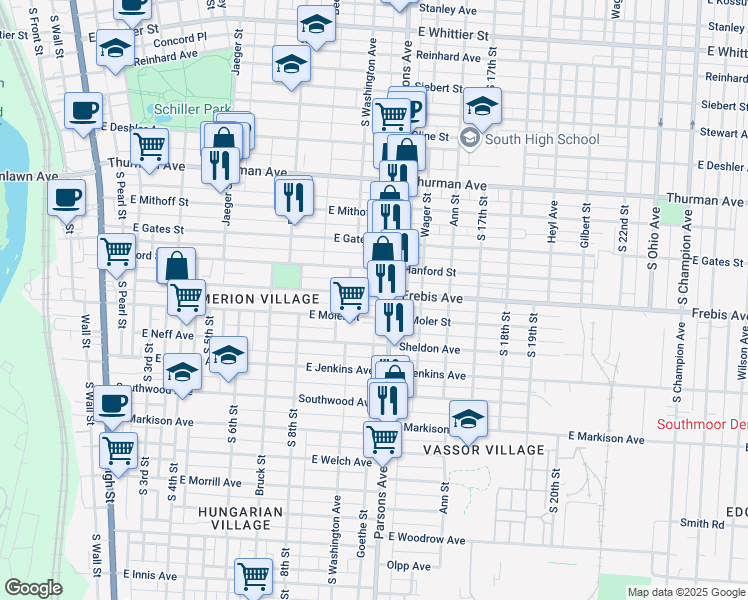map of restaurants, bars, coffee shops, grocery stores, and more near 429 Hanford Street in Columbus