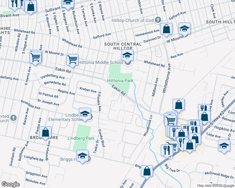 map of restaurants, bars, coffee shops, grocery stores, and more near 2413 Eakin Road in Columbus