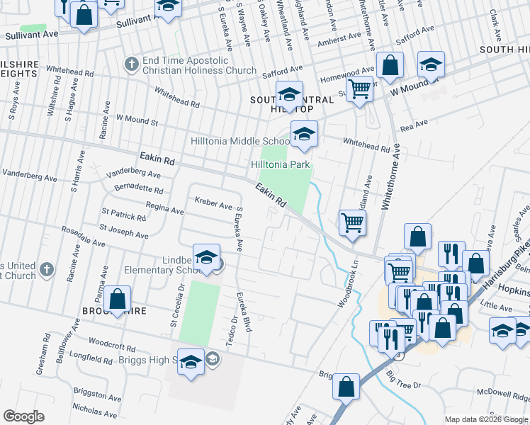 map of restaurants, bars, coffee shops, grocery stores, and more near 2435 Eakin Road in Columbus