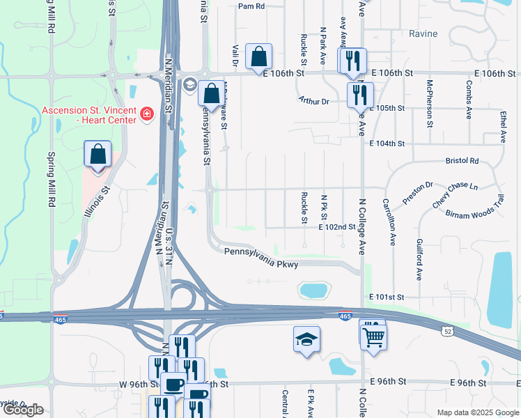 map of restaurants, bars, coffee shops, grocery stores, and more near 10244 North New Jersey Street in Indianapolis