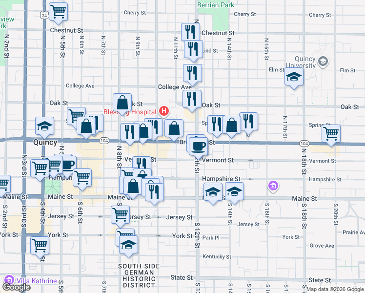 map of restaurants, bars, coffee shops, grocery stores, and more near 1117 Broadway Street in Quincy
