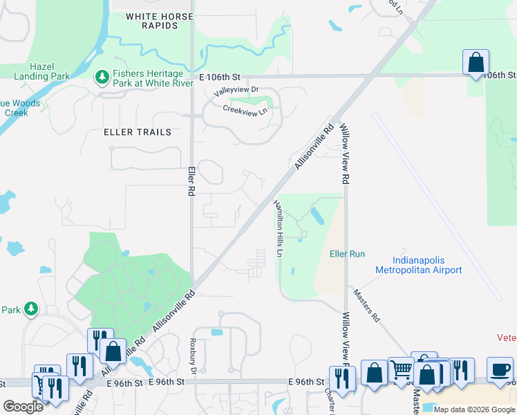 map of restaurants, bars, coffee shops, grocery stores, and more near 10190 Allisonville Road in Fishers