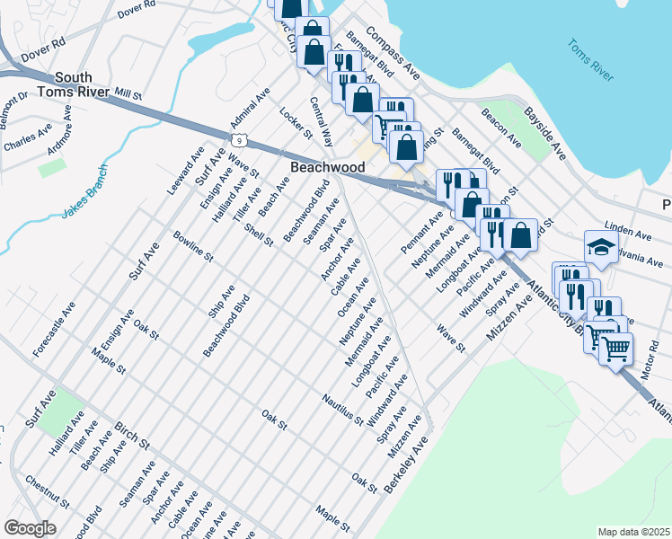 map of restaurants, bars, coffee shops, grocery stores, and more near 301 Anchor Avenue in Beachwood