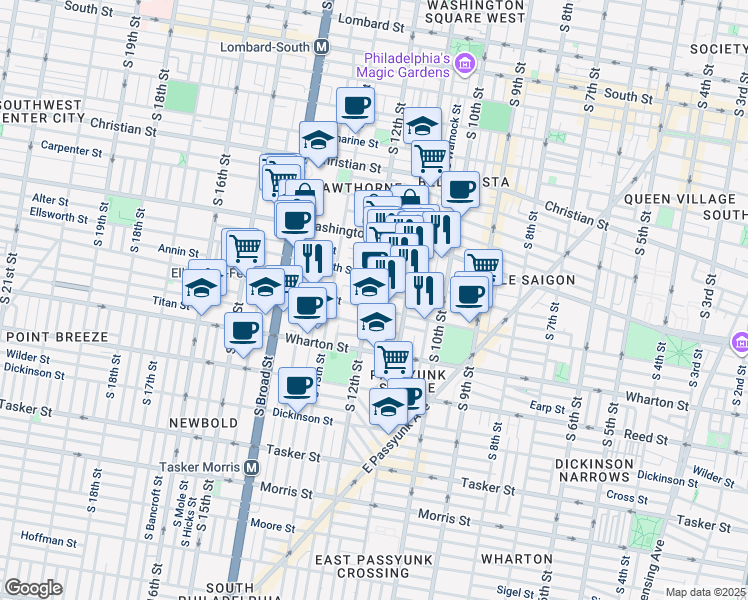 map of restaurants, bars, coffee shops, grocery stores, and more near 1175 South 12th Street in Philadelphia