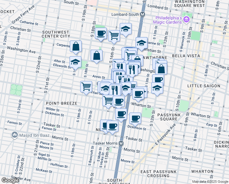 map of restaurants, bars, coffee shops, grocery stores, and more near 1503 Latona Street in Philadelphia