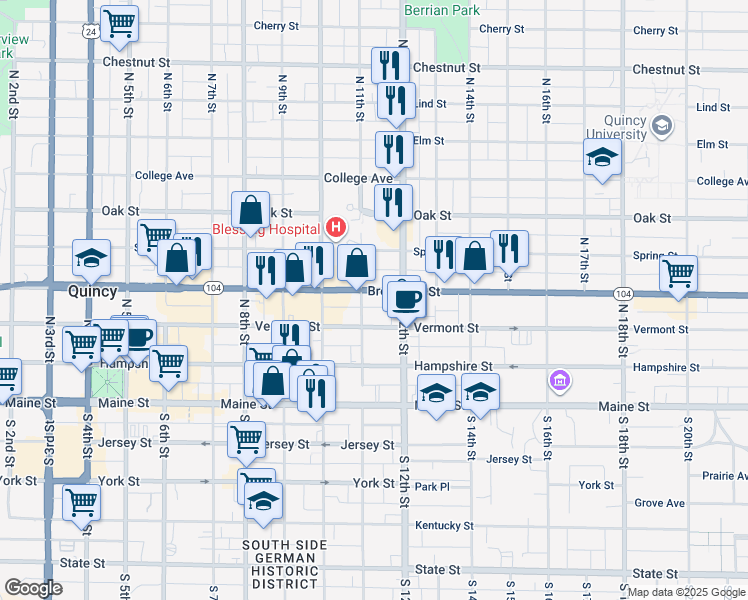 map of restaurants, bars, coffee shops, grocery stores, and more near 1117 Broadway Street in Quincy