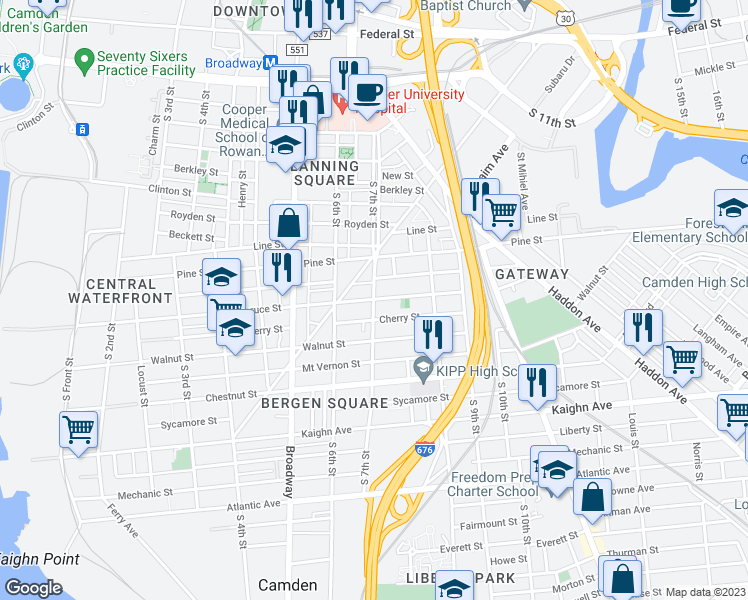 map of restaurants, bars, coffee shops, grocery stores, and more near South 7th Street & Spruce Street in Camden