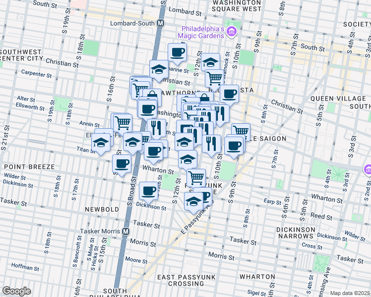 map of restaurants, bars, coffee shops, grocery stores, and more near 1175 South 12th Street in Philadelphia