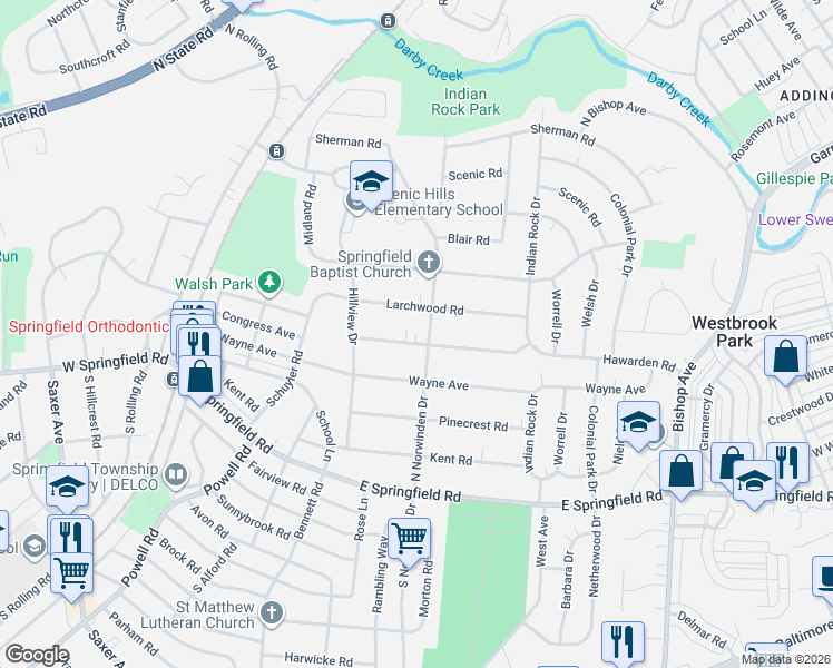 map of restaurants, bars, coffee shops, grocery stores, and more near 340 Larchwood Road in Springfield