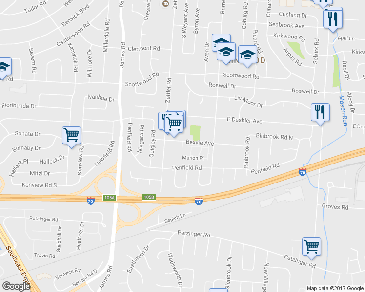 map of restaurants, bars, coffee shops, grocery stores, and more near Melissa Pl & Eva Ln in Columbus