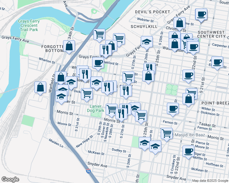 map of restaurants, bars, coffee shops, grocery stores, and more near 1427 South Newkirk Street in Philadelphia