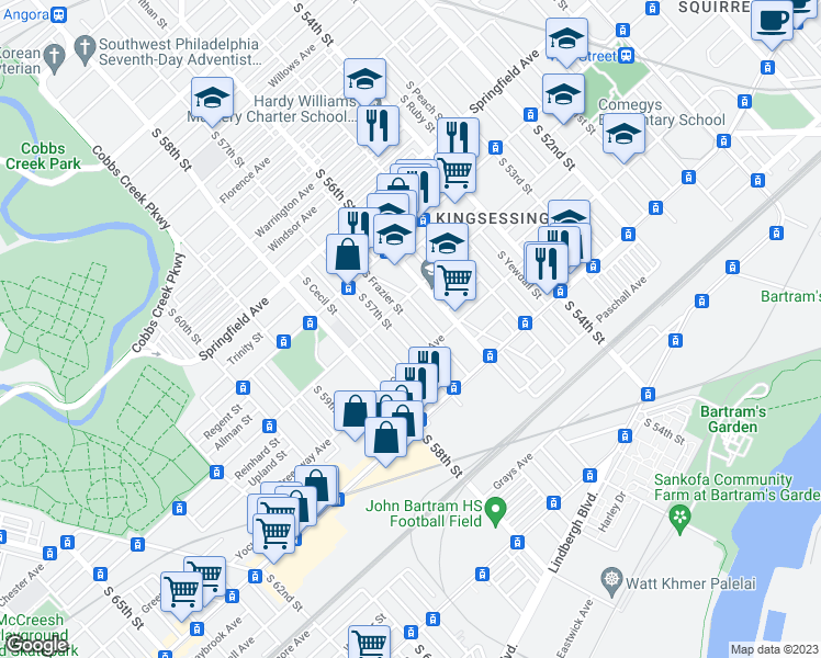 map of restaurants, bars, coffee shops, grocery stores, and more near 2030 South Frazier Street in Philadelphia