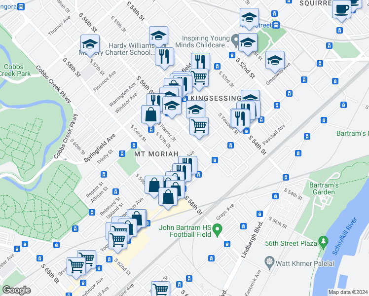 map of restaurants, bars, coffee shops, grocery stores, and more near 2043 South Frazier Street in Philadelphia