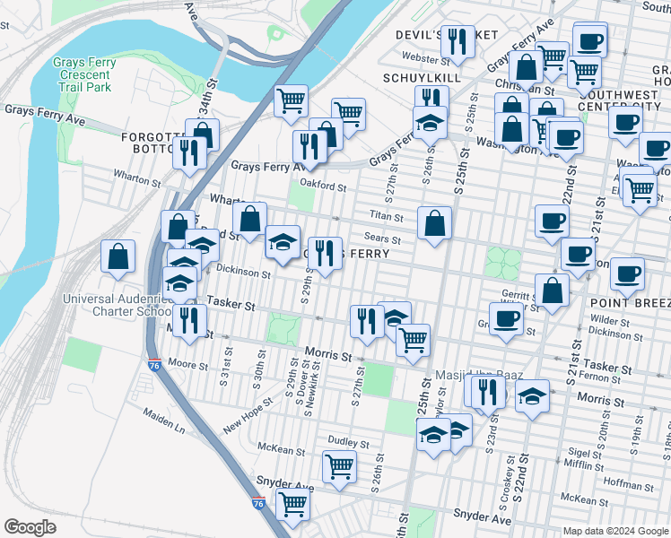 map of restaurants, bars, coffee shops, grocery stores, and more near 1427 South Newkirk Street in Philadelphia