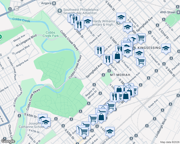 map of restaurants, bars, coffee shops, grocery stores, and more near 5920 Windsor Street in Philadelphia