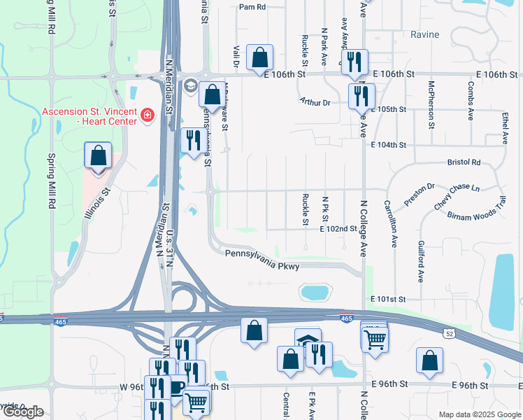 map of restaurants, bars, coffee shops, grocery stores, and more near 10244 North New Jersey Street in Indianapolis